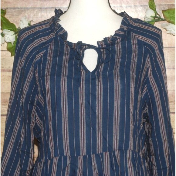 Wonderly Blue Striped Peplum Blouse Top Size L Ruffle Neckline Keyhole Neckline - Picture 2 of 11